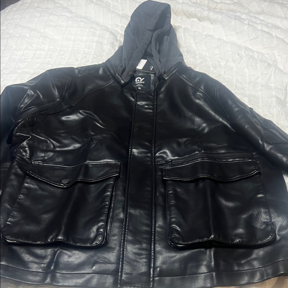 Whattry Men's Black Leather Jacket with Hood